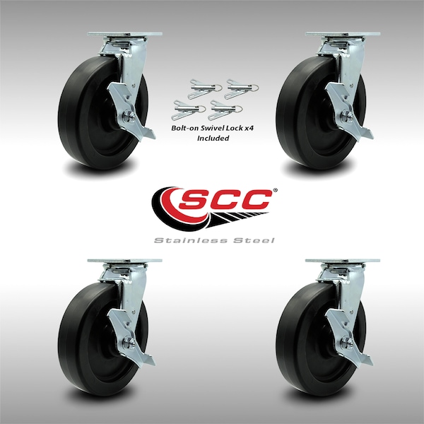 8 Inch SS Polyolefin Caster Set with Ball Bearings and Brake/Swivel Lock SCC
